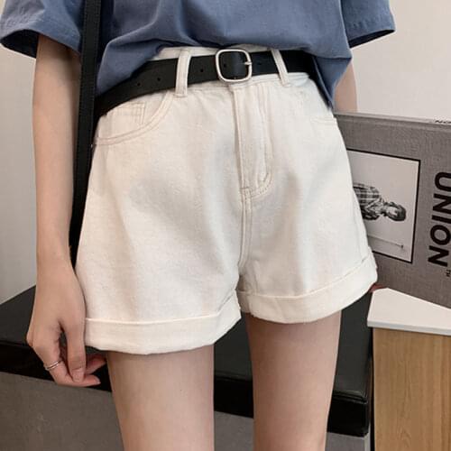 SHNSOPHI Women Vintage High Waist Black Denim Shorts With Belt Streetwear Solid Color Casual Female Wide Leg Blue Jeans Shorts
