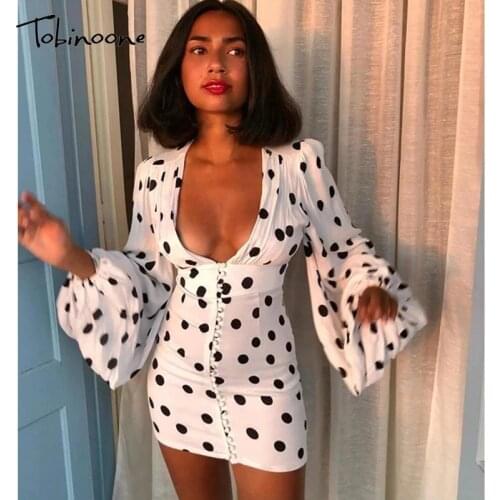 Tobinoone Polka Dot Mini Dress Women V Neck Lantern Long Sleeve Autumn Dress High Waist Buttons Down Party Dress Vestido 2021
