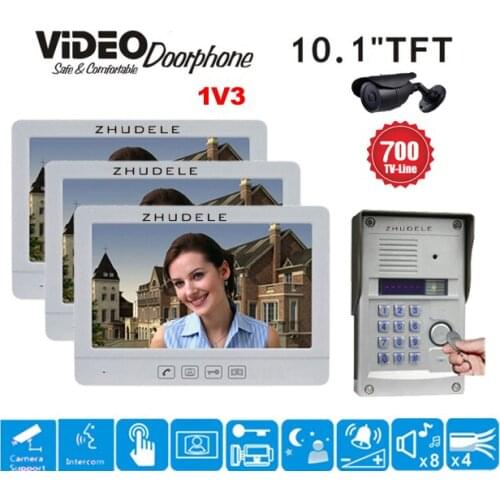 ZHUDELE 10.1 inch Luxury Video Door Phone RFID Panel Camera Home Intercom Doorbell System In Stock (1Camera+3Monitors)