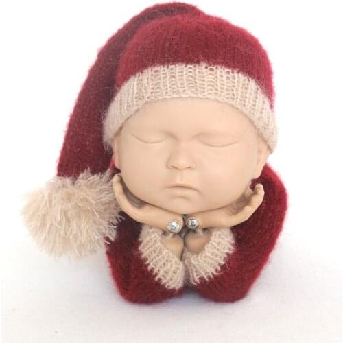 Beige with Burgundy Newborn Photography Overall outfit Crochet Mohair baby girl romper Bonnet set Long tail Christmas Santa Hat