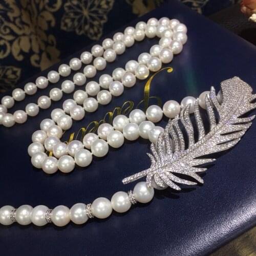 Hot sale white gradient Natural 8-9mm Fresh water pearl feather clasp long sweater chain necklace 32inch