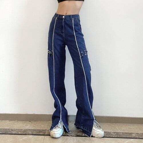 Streetwear Punk Style Patchwork Jeans Wmen Casual Lace Up Split Denim Trousers Vintage Clothes Pants Stripe Jean New