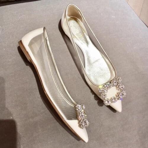 Elegant Wedding Shoes Woman Crystal Flats high quality bride shoes Women Lace Boat Shoes Pointed Toe Flats