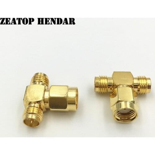 50Pcs Brass RP SMA Plug Male to 2 RP SMA Jack Female 3Way T Type RF Connector Triple 1M2F Gold Plated Connector