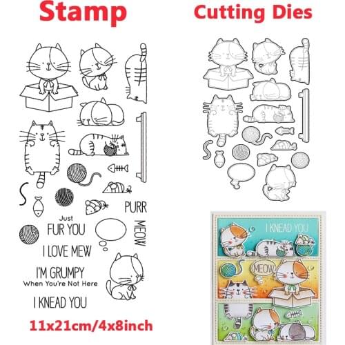 Animal Cute Cat Metal Cutting Dies Clear Stamps Transparent Silicone Seal for DIY Scrapbooking Photo Album Decorate