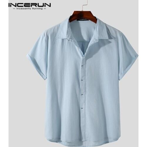 Men Cotton Shirt Streetwear Solid Color Lapel Short Sleeve Tops Summer 2021 Vintage Button Casual Camisa Masculina INCERUN S-5XL