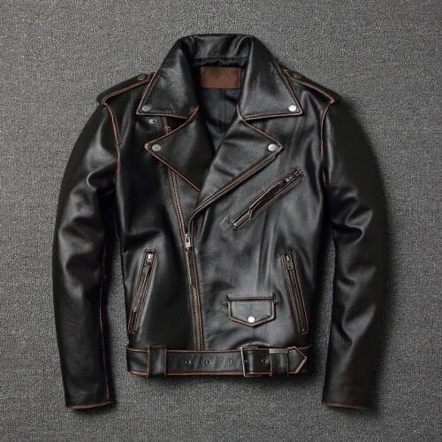 Men Genuine Leather Jackets Vintage Motorcycle Jacket 100% Cowhide Leather Coat Biker Jacket Moto Clothing