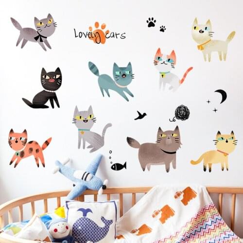 Cute Cat Wall Stickers for Kids Room Bedroom Decor Creative Mural DIY Nursery Abstract Wallsticker Self-adhesive Room Decoration