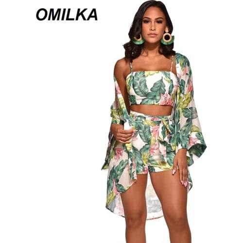 OMILKA 3 Piece Crop Tank Top Short and Cape Set 2019 Summer Women Chiffon Leaf Printed Boho Beach Swimwear Clothing Set