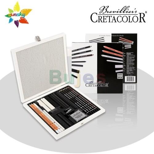 Original Cretacolor White wooden box 25 PCS Black and white pencil Charcoal chalk carbon strip High gloss pen Art supplies