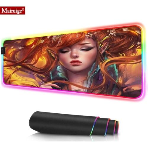 Led Mousepad RGB Fantasy Elf Girl Geme Mouse Pad Xl Gamer Pc Compute Desk Mat Big Mause Pad for Laptop Table Keyboard Mat
