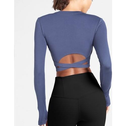 UA ROCK Back Cross Hollow Out Long Sleeve Yoga Shirts Removable Pad Female Yoga T-Shirts Outdoor Running Quick Dry Sport T Shirt