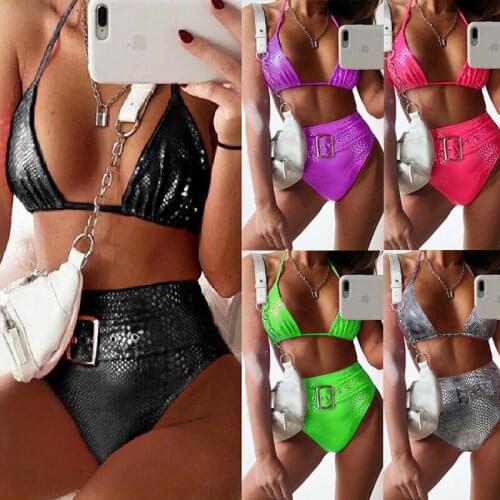 Women Crocodile Metal Bikinis Two Pieces Push Up Swimwear Bandage Lace Swimming Suits High Waist Backless Sexy Young Bathing Set