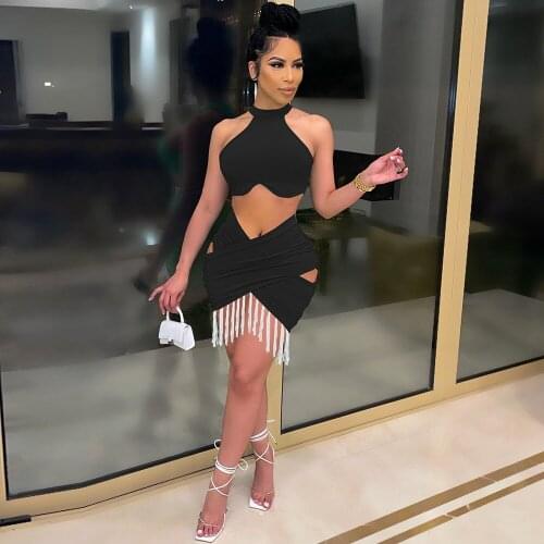 Pure Color Fringed Skirt Suit with Halter Neck Hole Sleeveless Tank Crop Top and Double Side Cut Out Skirts Women Two Piece Set