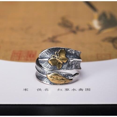 VLA 925 Silver Personalized Retro Butterfly Ring Womens Exquisite Art Feather Ring Adjustable Size Jewelry