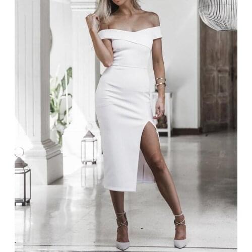 Women Elegant Vintage Ruffle Tunic Slim sexy slip dresses off shoulder high waist Work Office Business Party A-Line Dress