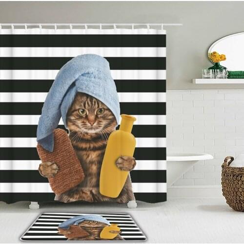 2Pcs/Set Funny Cute Cat Dog Shower Curtains Set Mat Bathroom Waterproof Bath Curtains Set Toilet Non-Slip Rug Mat Bathtub Decor
