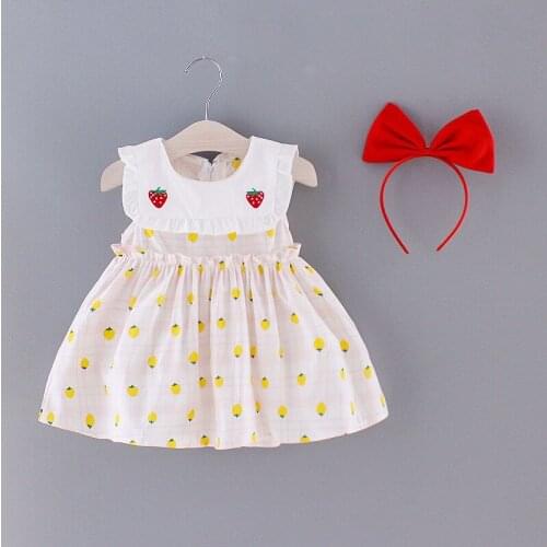 2021 New Summer Toddler Baby Girl Dress Bow Headhand+Strawberry Embroidery Dressed Cotton Clothes Hair Accessories Casual 0-4Y