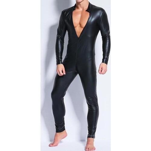 Man Leather Latex Catsuit Bodysuit Black Shiny Erotic Long Sleeve Bodysuits Zentai Front Open Crotch Zipper Sexy Male Jumpsuit