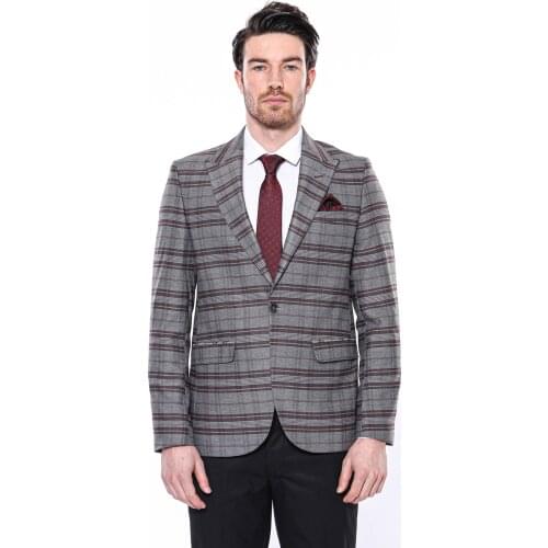 Burgundy Slim-Fit Checked Blazer