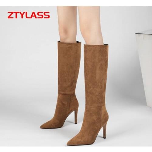 Faxu Suede Knee High Boots Fashion High Heel Women Boots Slip On Autumn Winter Modern Boots Pointed Toe Ladies Shoes