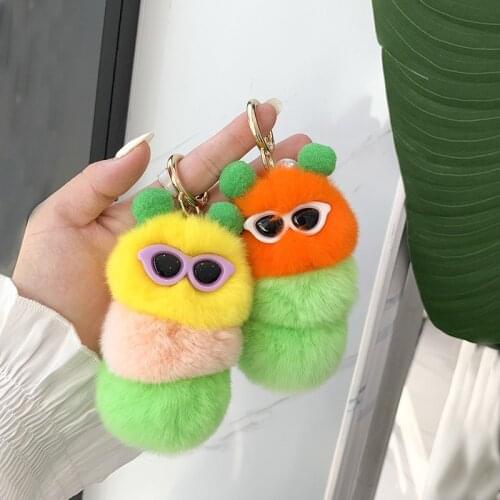 Real Fur keychain Rex Rabbit fur Caterpillar Pendant Bag ornaments Fluffy fur Pom Pom Ball Car Key Ring Women Gift Trinket Ring