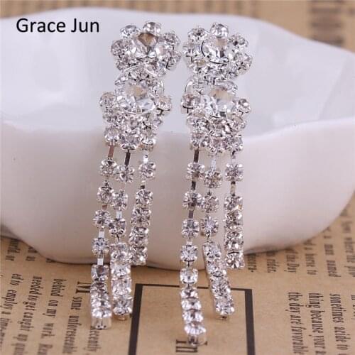 Grace Jun New Arrival Rhinestone Crystal Tassel Clip on Earrings No Pierced for Girl Party Needn't Ear Hole Earrings Korea Style