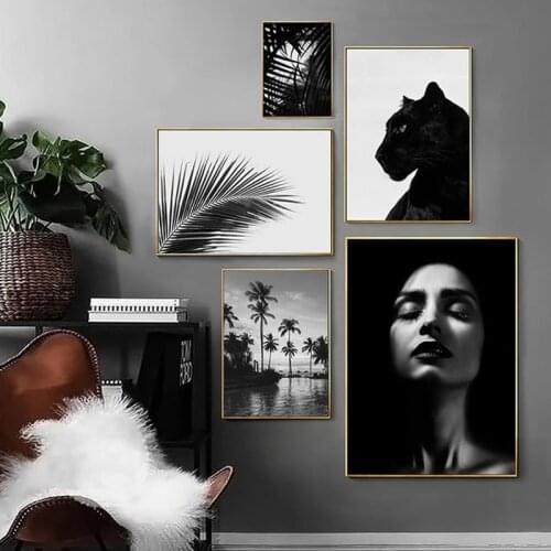 Black And White Leaves Animal Woman Landscape Canvas Art Abstract Print Poster Picture Wall Living Room Home Decra Abstract