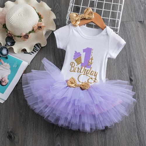Baby Dress For Girls 3 Pcs Clothing Headband+Romper Tops+Mini Dress Cute Style 1 Year Birthday Gift For Toddler Girls Clothes