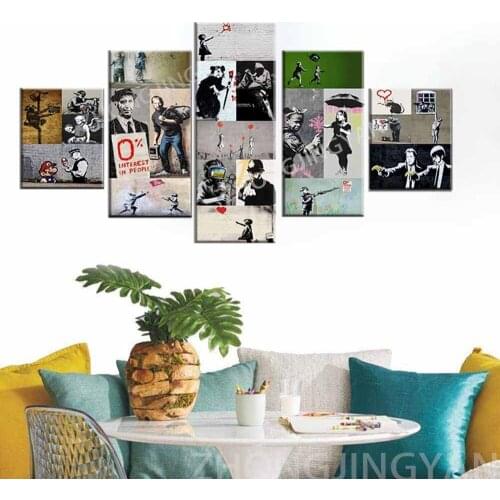 Graffiti Wall Art Banksy Pictures Street Art Paintings Banksy Art in Brick Lane Artwork 5 Pieces Canvas Home Decor for Living Ro