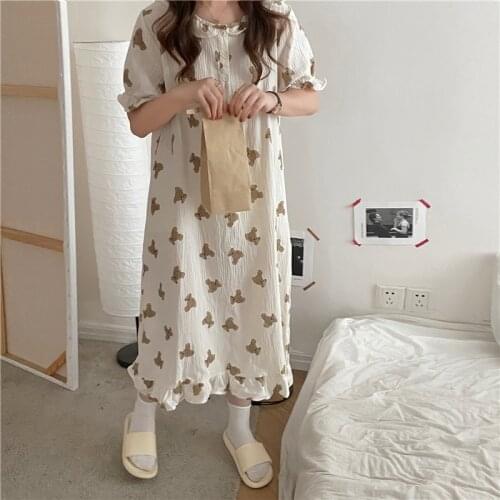 Bear cartoon print summer nightgowns soft cotton long sleepwear short sleeve ruffles nightdress kawaii homewear girls dress Y749