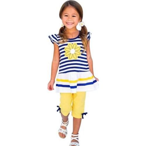 Summer Toddler Kids Boys Clothes Sport suit Kids Girls Daisy Flower Stripe Shirt Top Bow Pant Set Clothing B0784
