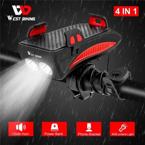 WEST BIKING Multifunction 4 IN 1 Bike Light 400 Lumens Bike Flashlight Bike Horn Phone Holder Power Bank Bicycle Front Light