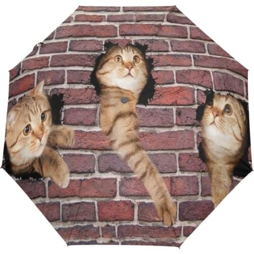 Fashion Cat in the Wall Sun Umbrella Three Folding Automatic Children Umbrella with Internal Black Coating Anti Uv Umbrellas