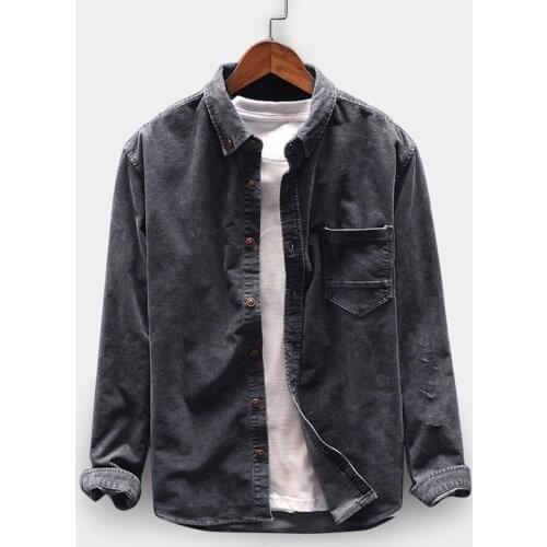 2021 Mens Corduroy Shirts Solid Color Casual Long Sleeve Turn-down Collar Pockets Vintage Shirt Men Plain Style Clothes