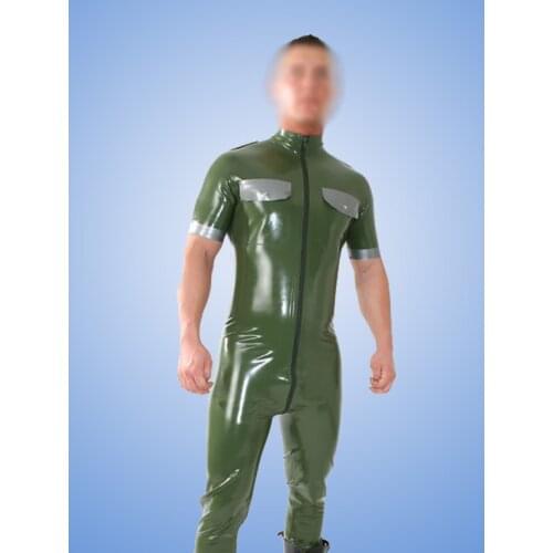 NEW 100% Latex Rubber Gummi 0.4mm Short Sleeves Rubber Men Bodysuit Catsuit Suit Zentai With 2 Pockets