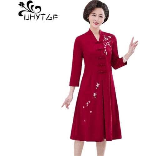 UHYTGF dress women Solid color embroidered autumn dress vintage single breasted pullover slim female dresses 4XL Plus Size 1175