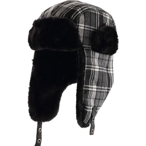 Unisex Plaid Winter Bomber Hat Women Mens Hats with Ear Flaps, Fleece Lined Warm Trapper Hat Black Navy