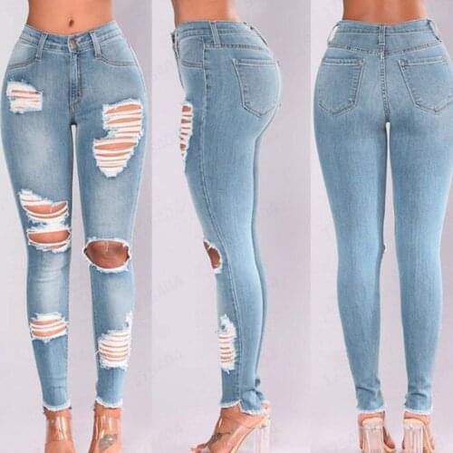 Street Style y2k Sexy Mid Rise Distressed Trouser Stretch Skinny Hole Denim Pencil Pants Blue Ripped Jeans for Women baggy jeans
