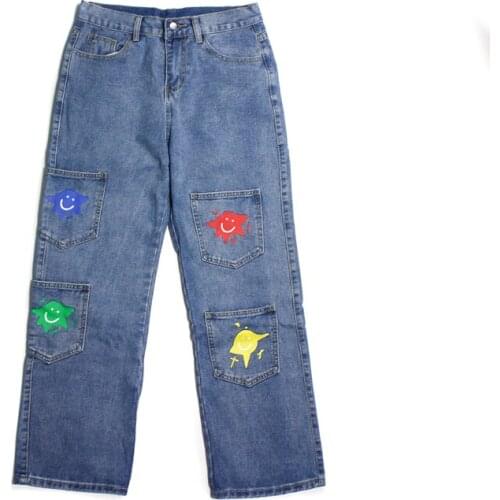 Spring Retro Jeans Womens Harajuku Trend Straight-Leg Jeans Graffiti Printed College Style Trousers Mens Street Fashion Jeans