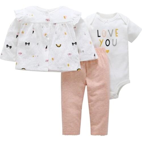Spring 2020 infant baby girl set newborn outfit cotton coat+letter print bodysuit+pant pink 3 piece clothing set for 6-24 month