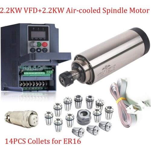 2.2KW 220V 8A 80*195mm 0.91NM 400HZ 24000rpm ER16 High Speed Spindle Motor+VFD+14PCS Collets Kits for Woodworking Engraving