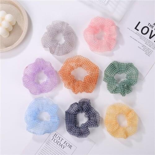 1PCS Fashion Summer Simple College Style Small Fresh Thin Mesh Plaid Ponytail Hair Forest Candy Color Organza Hair Ring