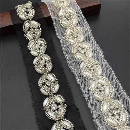 1 yard Diamond Beaded Handmade Lace Edge Trims Wedding Dress Belt Sash Ribbon Bridal Applique Fabric Sewing Craft DIY
