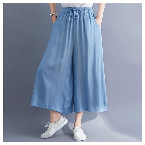 2021 New Summer Fashion Women Wide Leg Pants Female Loose Elastic Waist Calf-Length Jeans Pants Women Casual Capris Pants Q292