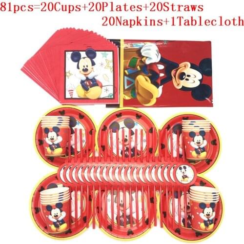 Disney Red Mickey Mouse Design Paper Tablecloth Disposable Tableware Set Kid Birthday Family Party Decoration Supplies 81Pc/51Pc