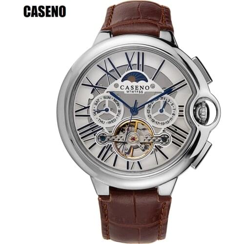 Tourbillon Mens Watch Top Brand Luxury Belt Watch Men Automatic Mechanical Wristwatch Skeleton Sport Male Clocks relogio CASENO