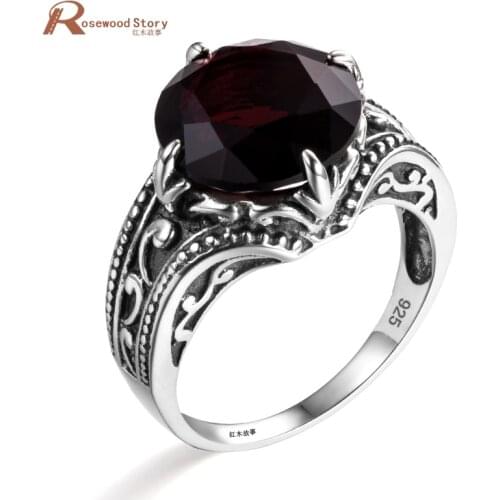 Fashion Women 925 Sterling Silver Cocktail Ring Garnet CZ Crystal Jewelry Luxury Vintage Promise Engagement Ring for Women Party