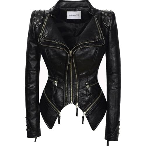 2021 NEW Faux Leather Rivets Jackets Women Casual PU Slim Spring Autumn Motorcycle Female Streetwear Zipper Coat Chic Outwear