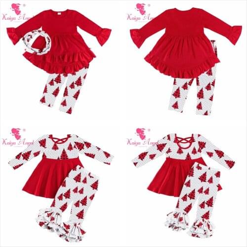 Kaiya Angel Hot Sales 3PCS Girls Boutique Outfits Red Ruffle Tops + Christmas Tree Print Pants and Scarf Wholesale Children Sets